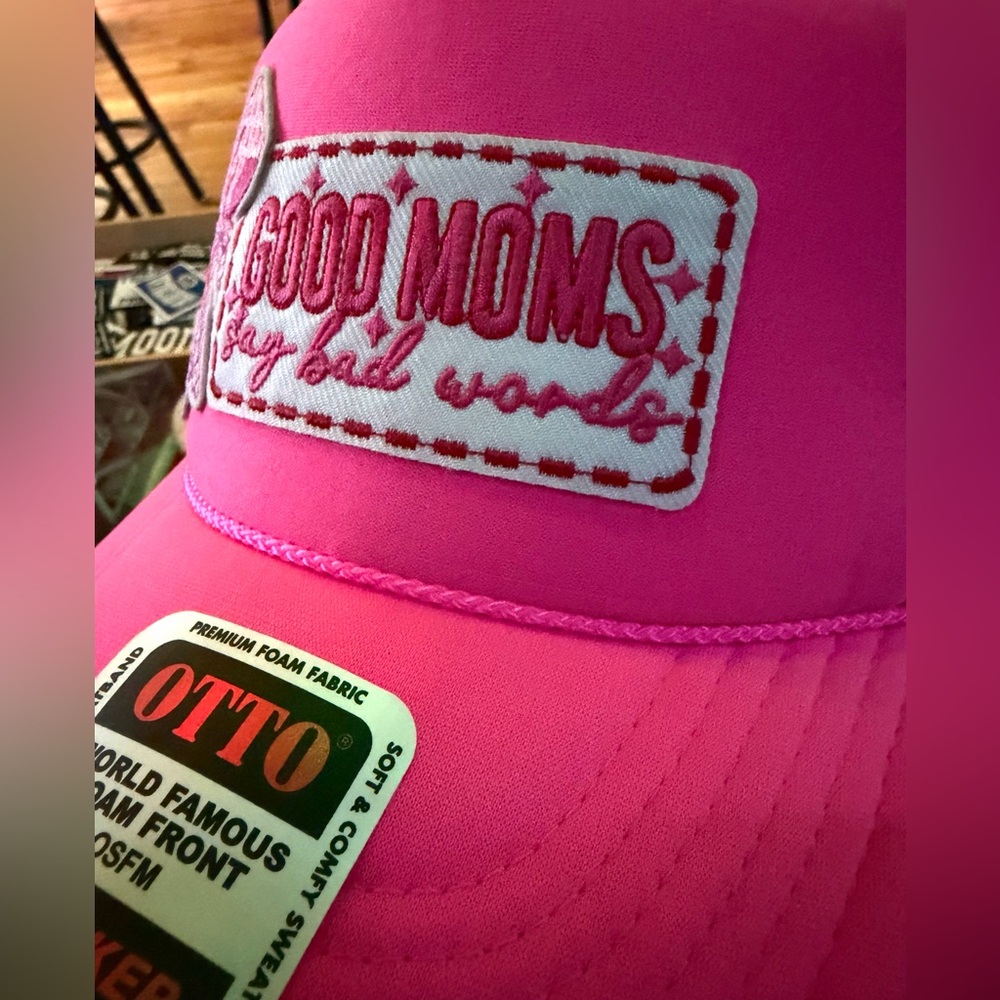OTTO Bright Pink Trucker Hat with Good Moms Say Bad Words & Bow Patch - Picture 3 of 5